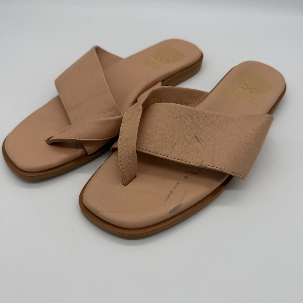 Vince Camuto Womens 8 Leather Toe Loop Slide Sandals Tan Nude Made in Italy